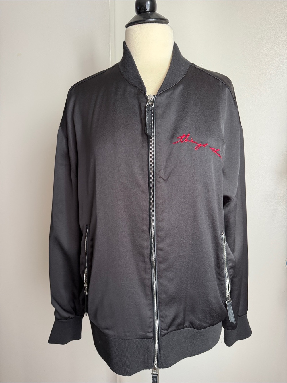 7 For All Mankind Black Bomber Jacket with Red Script